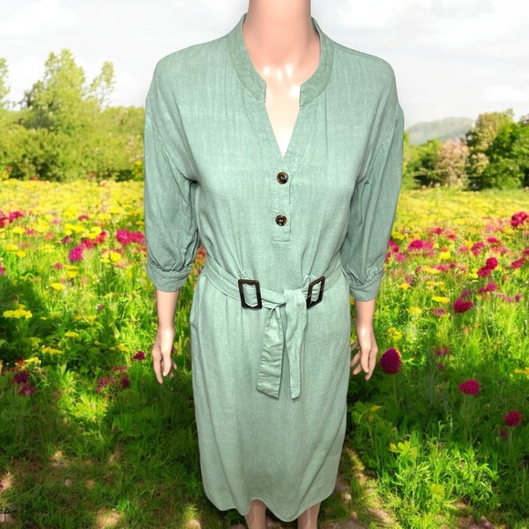 Lulu’s Gwendolen Sage Green Belted Midi Shift Dress - Picture 10 of 16
